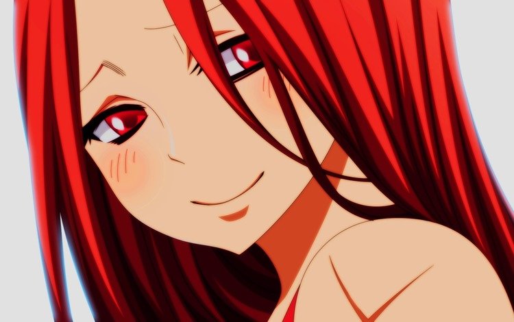 аниме, белый фон, грустный взгляд, красные волосы, fairy tail, flare corona, нежная улыбка, anime, white background, a sad look, red hair, a gentle smile