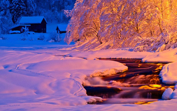 свет, ночь, вечер, река, снег, природа, зима, поток, light, night, the evening, river, snow, nature, winter, stream