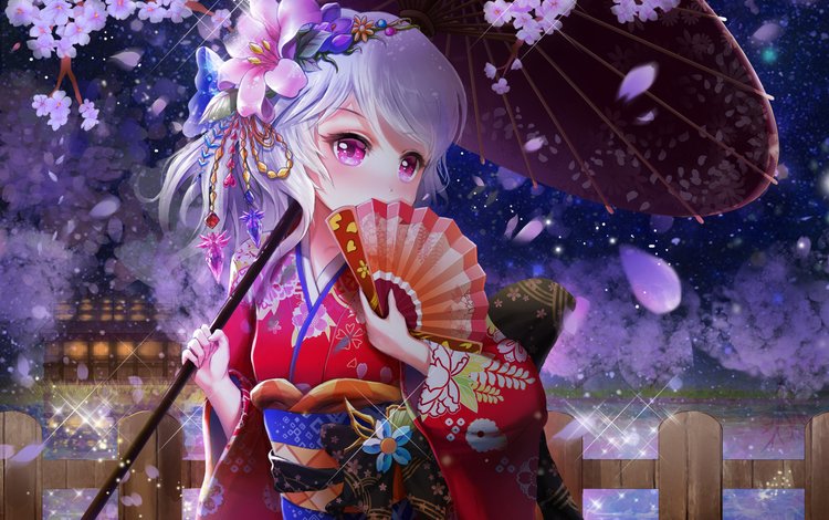 цветение, аниме, зонт, сакура, кимоно, веер, юката, flowering, anime, umbrella, sakura, kimono, fan, yukata