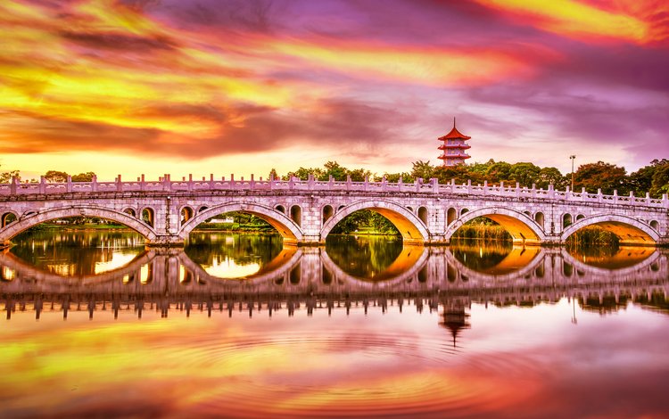 закат, отражение, мост, водоем, сингапур, китайский сад, sunset, reflection, bridge, pond, singapore, chinese garden