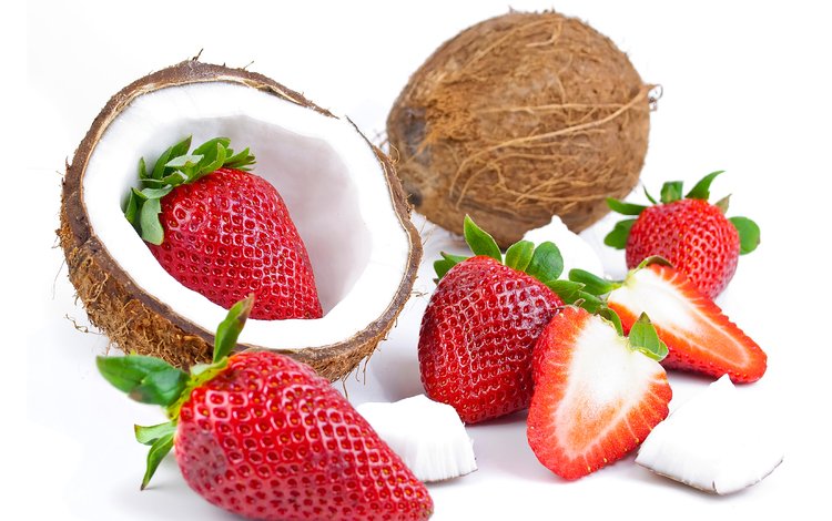 клубника, ягоды, белый фон, плоды, кокосы, strawberry, berries, white background, fruit, coconuts
