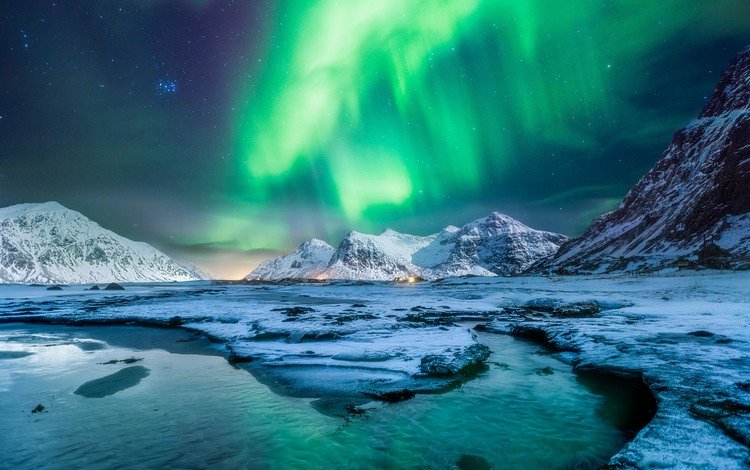 пейзаж, северное сияние, aurora borealis, лофотенские острова, landscape, northern lights, the lofoten islands