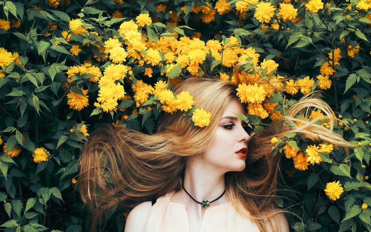 цветы, природа, девушка, лето, волосы, желтые, flowers, nature, girl, summer, hair, yellow