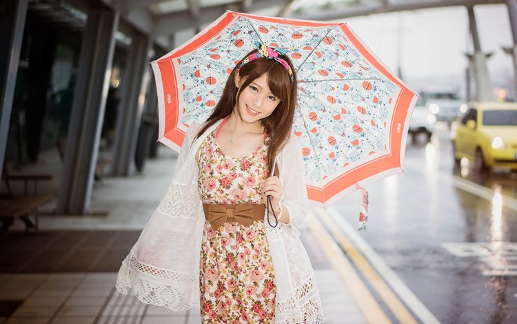 дорога, девушка, платье, улыбка, дождь, зонт, азиатка, автодорога, азиат, road, girl, dress, smile, rain, umbrella, asian