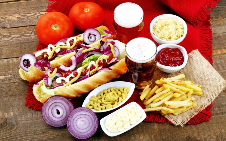 пиво, хот дог, колбаса, помидоры, помидор, соус, сосиски, брынза, быстрое питание, хот-дог, hot dog, beer, sausage, tomatoes, tomato, sauce, cheese, fast food