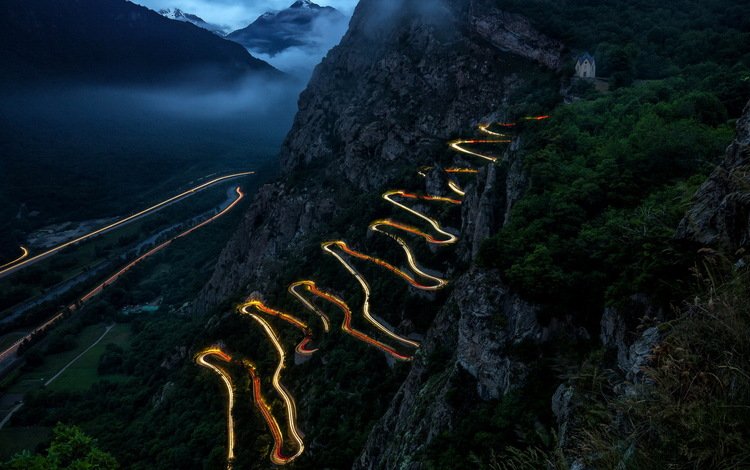 дорога, огни, горы, горная дорога, lacets de montvernier, road, lights, mountains, mountain road