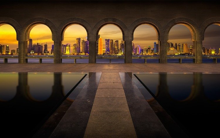 столбы, отражение, горизонт, небоскребы, арки, музей, катар, доха, posts, reflection, horizon, skyscrapers, arch, museum, qatar, doha
