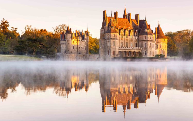 озеро, отражение, замок, франция, château de la bretesche, миссийак, lake, reflection, castle, france, missillac