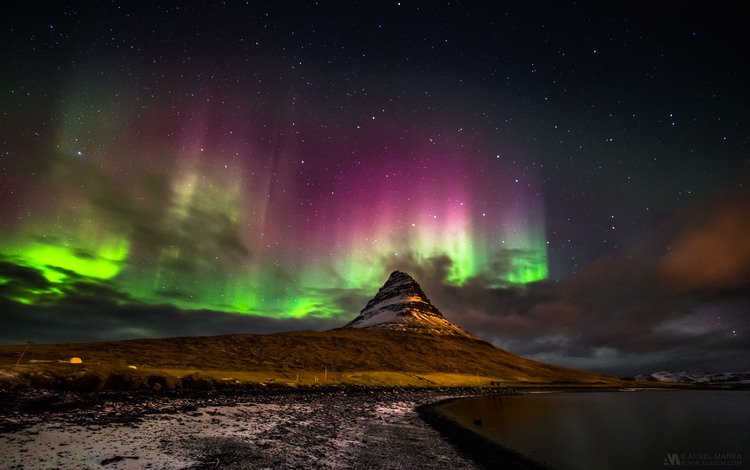 гора, исландия, aurora borealis, киркьюфетль, mountain, iceland, kirkjufell