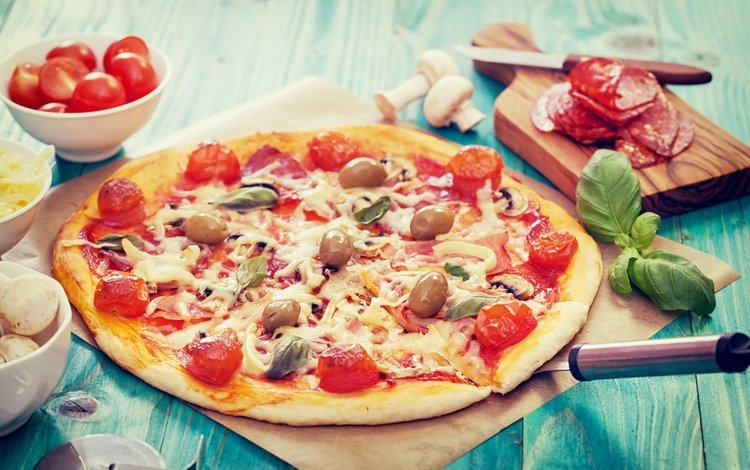 грибы, сыр, колбаса, помидоры, оливки, пицца, брынза, помидорами, быстрое питание, mushrooms, cheese, sausage, tomatoes, olives, pizza, fast food