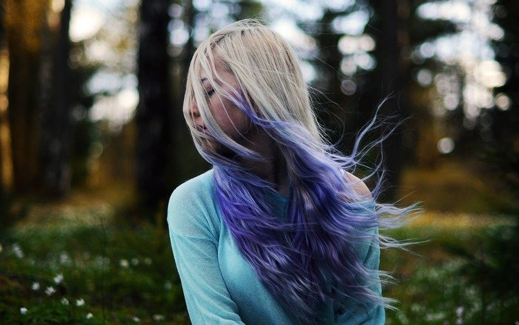 цветы, лес, девушка, волосы,  цветы, волос, фиолетовый-светлые волосы, flowers, forest, girl, hair, purple-blonde hair