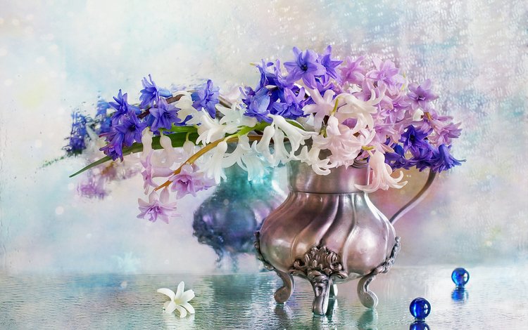 цветы, вода, капли, шарики, ваза, гиацинты, flowers, water, drops, balls, vase, hyacinths