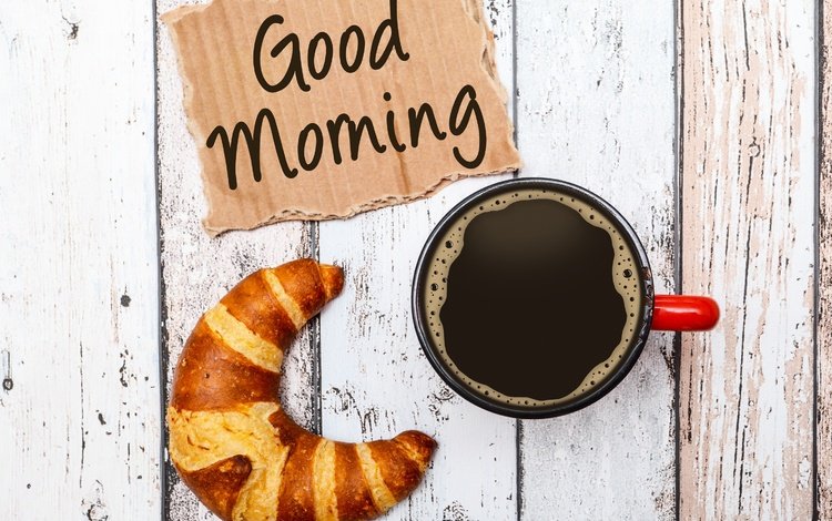 кофе, кубок, круассан, доброе утро, coffee, cup, croissant, good morning