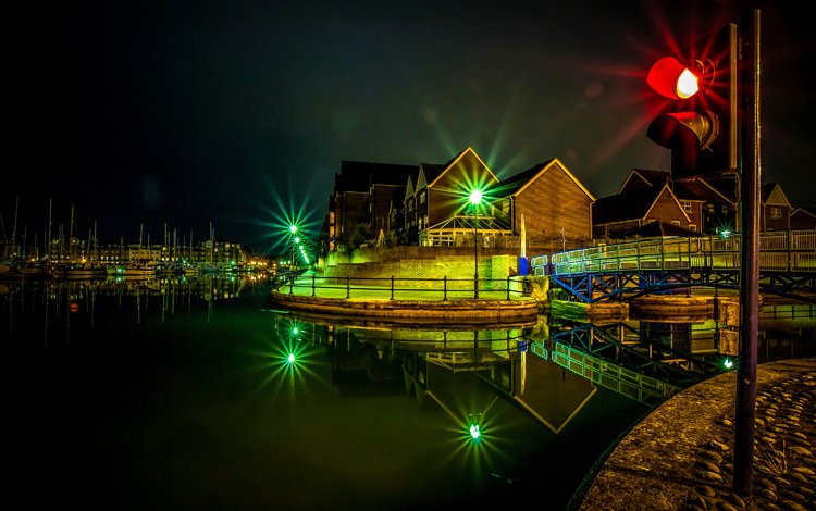 ночь, фонари, река, домики, причал, англия, рек, eastbourne, night, lights, river, houses, pier, england, rivers