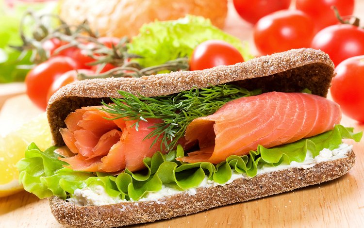 зелень, бутерброд, булки, хлеб, рыба, помидоры, сэндвич, помидорами, быстрое питание, красная рыба, red fish, greens, sandwich, bread, fish, tomatoes, fast food