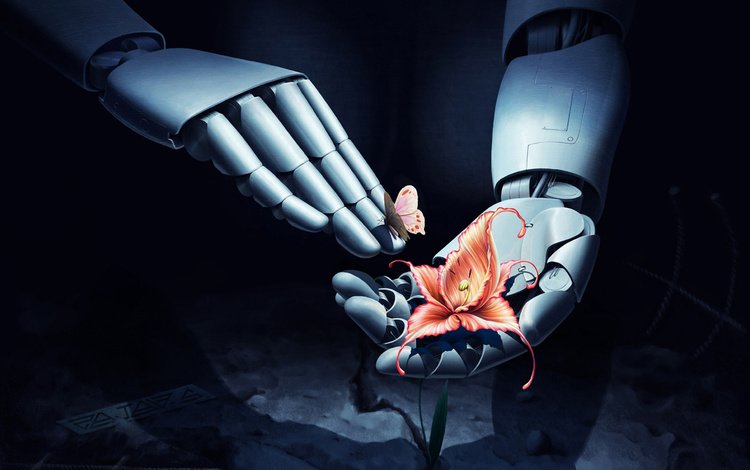 цветы, арт, фантастика, робот, бабочки, руки, flowers, art, fiction, robot, butterfly, hands