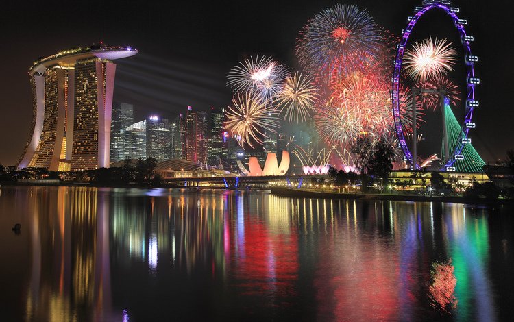 ночь, салют, колесо обозрения, небоскребы, мегаполис, отель, сингапур, night, salute, ferris wheel, skyscrapers, megapolis, the hotel, singapore