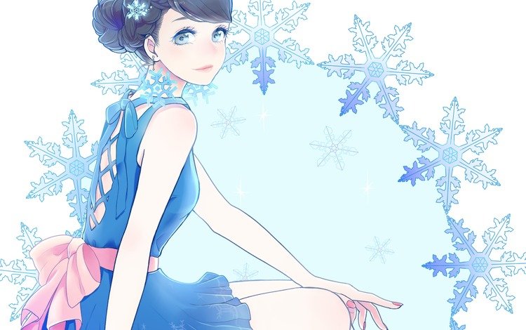 арт, девушка, снежинки, платье, сидя, setsuko, sekkisei, art, girl, snowflakes, dress, sitting