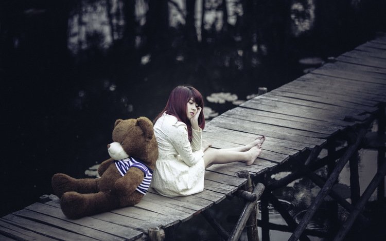 девушка, мост, мишка, girl, bridge, bear