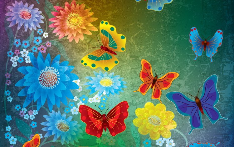 цветы, абстракт, бабочки, гранж, дезайн,  цветы, butterflies, flowers, abstract, butterfly, grunge, design