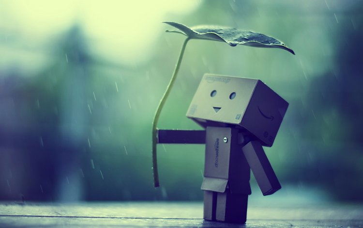 бумага, робот, дождь, данбо, картонный человечек, картонный робот, листик-зонт, paper, robot, rain, danbo, cardboard man, cardboard robot, leaf-umbrella