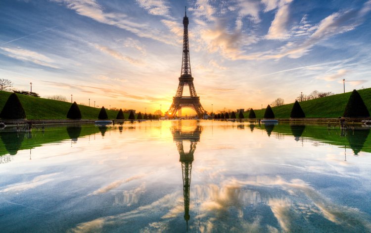 закат, отражение, париж, франция, зарево, эйфелева башня, sunset, reflection, paris, france, glow, eiffel tower
