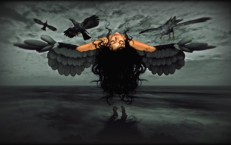 девушка, крылья, вороны, girl, wings, crows