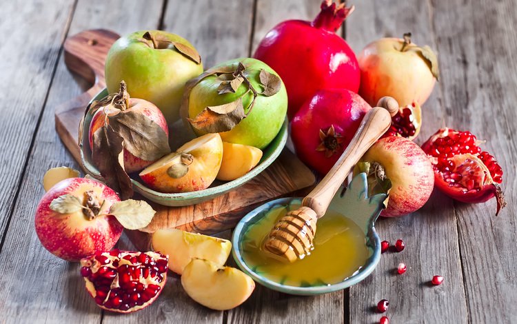 яблоки, зерна, дольки, мед, яблок, гранат, сухие листья, зерна граната, apples, grain, slices, honey, garnet, dry leaves, pomegranate seeds