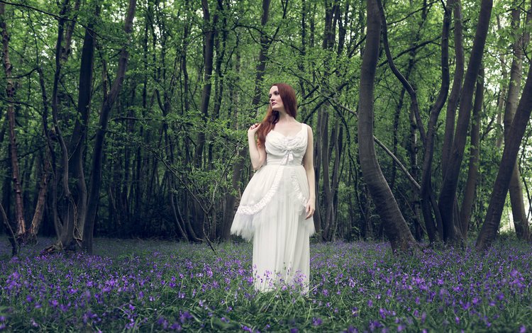 цветы, лес, волосы, женщина, белое платье, flowers, forest, hair, woman, white dress