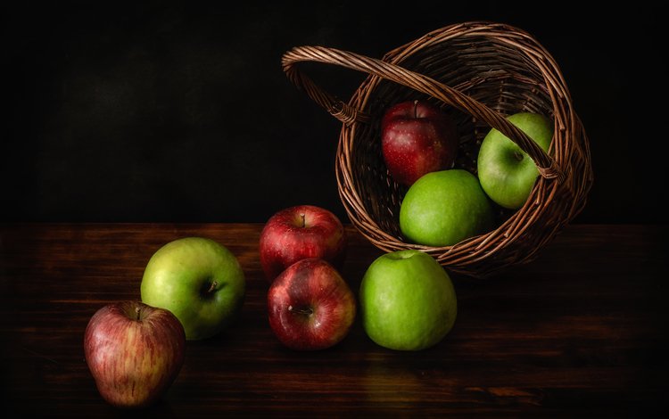 фрукты, яблоки, красные, зеленые, плоды, корзинка, натюрморт, fruit, apples, red, green, basket, still life