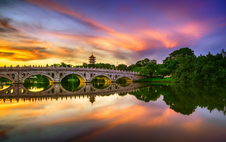 озеро, закат, отражение, мост, водоем, сингапур, китайский сад, lake, sunset, reflection, bridge, pond, singapore, chinese garden