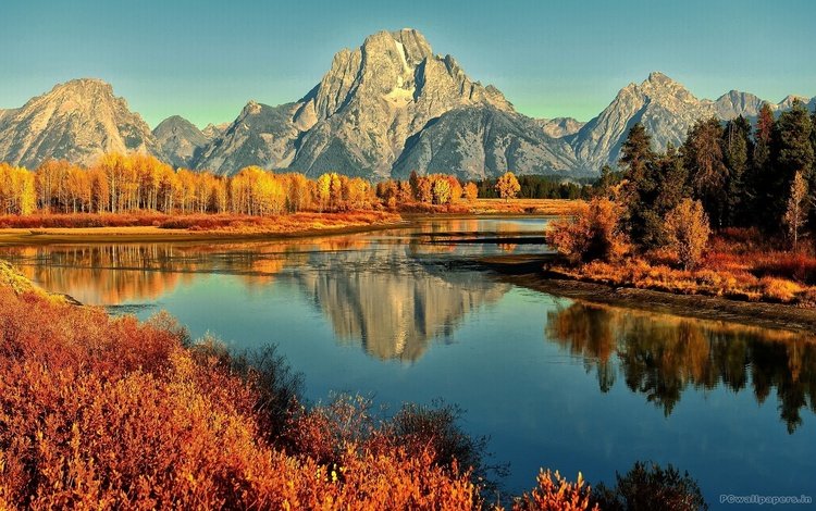 деревья, река, горы, отражение, осень, trees, river, mountains, reflection, autumn