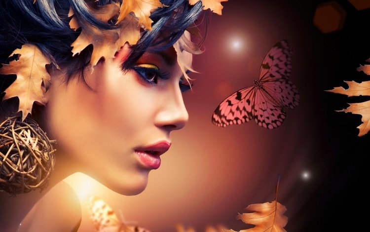 листья, макияж, девушка, портрет, взгляд, бабочка, модель, профиль, лицо, leaves, makeup, girl, portrait, look, butterfly, model, profile, face