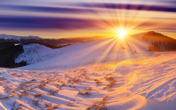 горы, солнце, снег, зима, рассвет, mountains, the sun, snow, winter, dawn