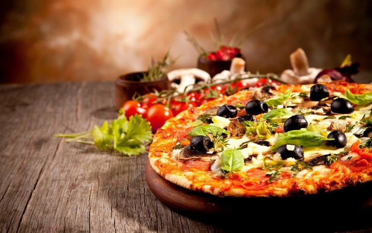 грибы, сыр, помидоры, оливки, пицца, брынза, помидорами, быстрое питание, боровики, mushrooms, cheese, tomatoes, olives, pizza, fast food