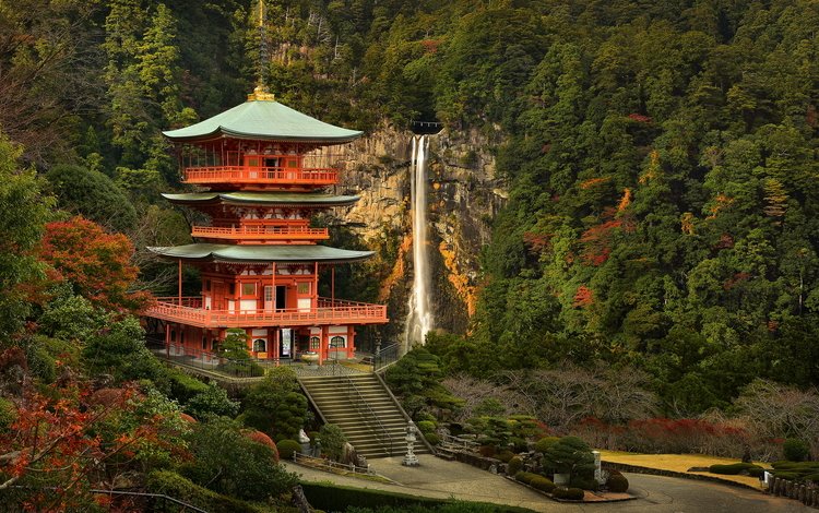 горы, парк, водопад, осень, пагода, япония, здание, ступени, mountains, park, waterfall, autumn, pagoda, japan, the building, stage