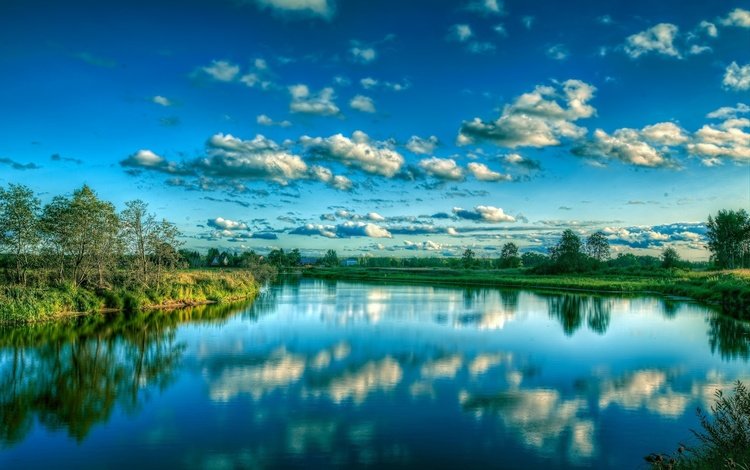 небо, лето, трава, облака, деревья, вода, река, природа, отражение, the sky, summer, grass, clouds, trees, water, river, nature, reflection