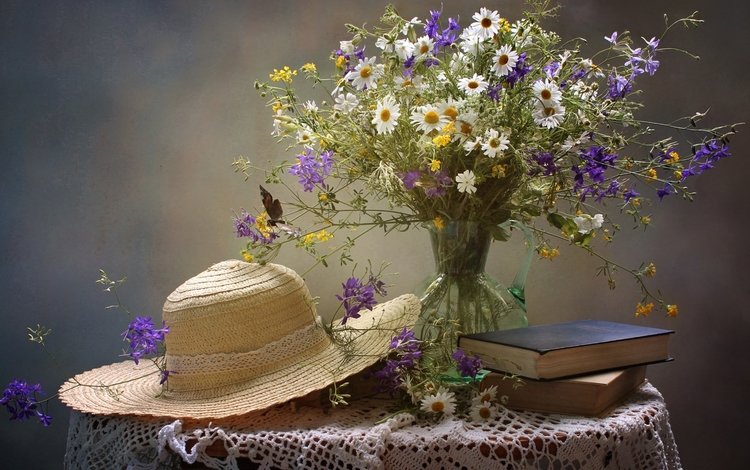 лето, книги, ромашки, букет, шляпа, натюрморт, summer, books, chamomile, bouquet, hat, still life