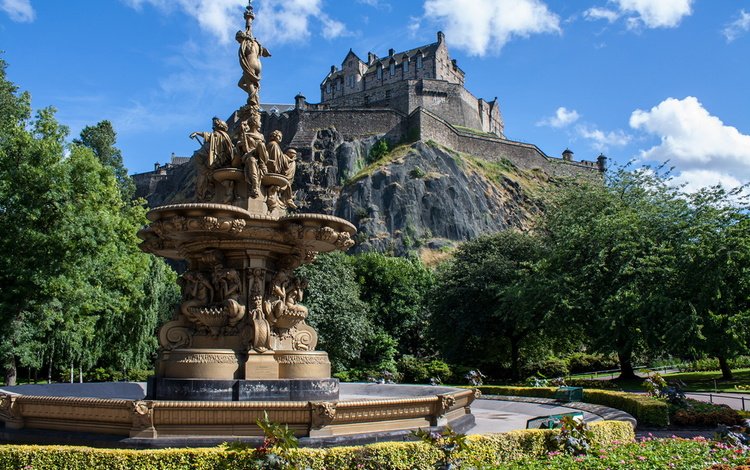 парк, замок, фонтан, скульптуры, шотландия, эдинбург, эдинбургский замок, park, castle, fountain, sculpture, scotland, edinburgh, edinburgh castle