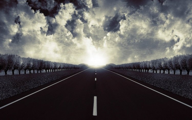 дорога, облака, деревья, горизонт, дорожная разметка, road, clouds, trees, horizon, road markings