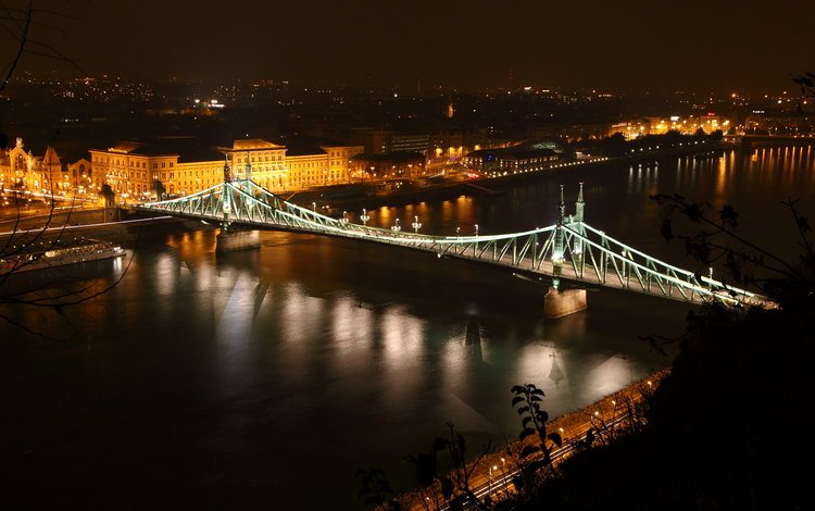 ночь, огни, река, венгрия, будапешт, дунай, мост свободы, night, lights, river, hungary, budapest, the danube, liberty bridge