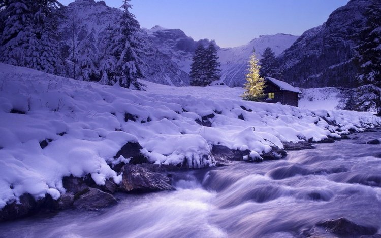 река, обернберг, снег, новый год, елка, зима, австрия, дом, рождество, river, obernberg, snow, new year, tree, winter, austria, house, christmas