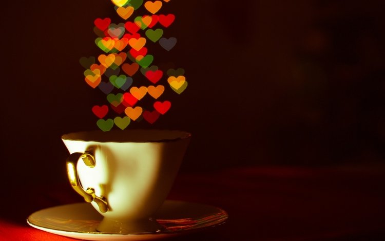 темный фон, блюдце, чашка, чай, сердечки, кубок, the dark background, saucer, cup, tea, hearts