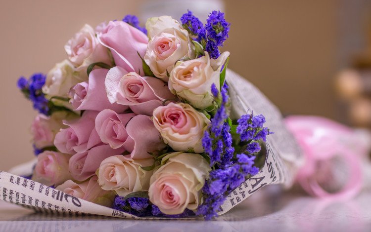 цветы, лаванда, розы, букет, розовые, flowers, lavender, roses, bouquet, pink