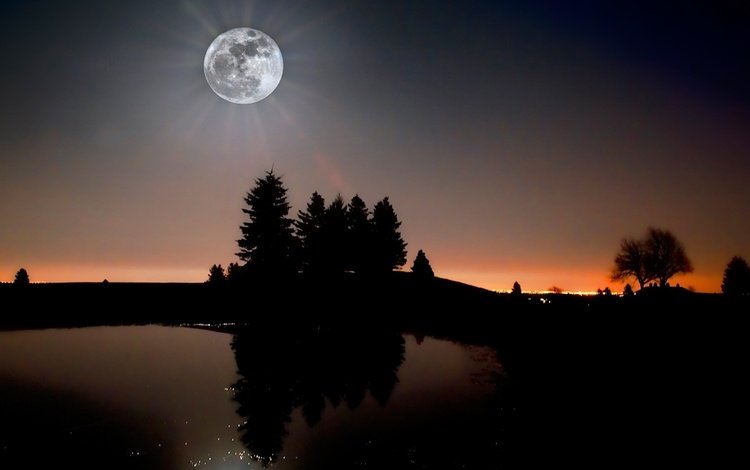небо, ночь, деревья, река, отражение, звезды, луна, the sky, night, trees, river, reflection, stars, the moon