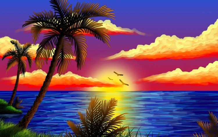 закат, море, пальмы, sunset, sea, palm trees