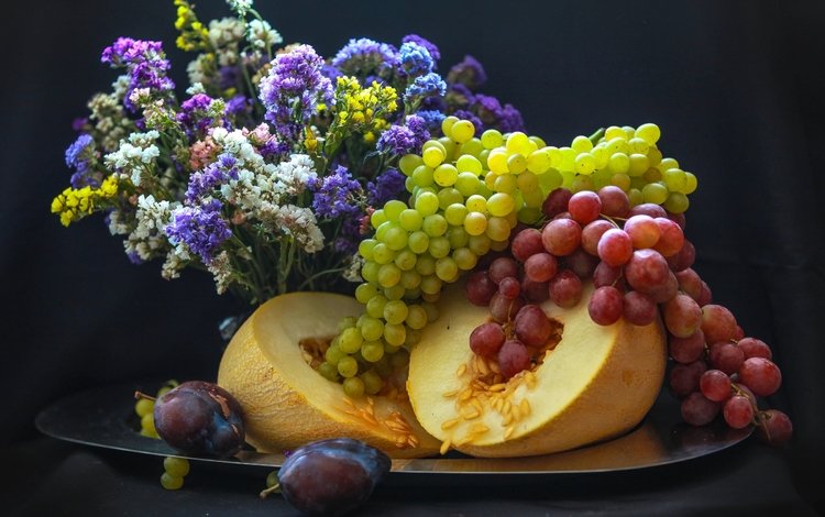 цветы, виноград, фрукты, букет, натюрморт, сливы, дыня, flowers, grapes, fruit, bouquet, still life, plum, melon