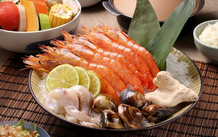 лимон, овощи, морепродукты, креветки, кальмары, моллюски, lemon, vegetables, seafood, shrimp, squid, shellfish