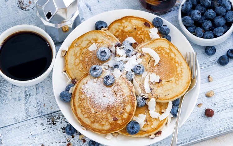кофе, завтрак, оладьи, голубика, панкейк, coffee, breakfast, pancakes, blueberries, pancake
