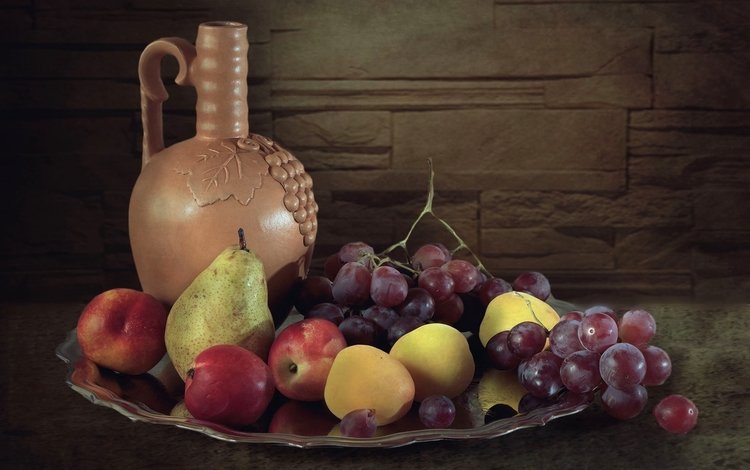 виноград, фрукты, кувшин, натюрморт, груша, нектарин, grapes, fruit, pitcher, still life, pear, nectarine